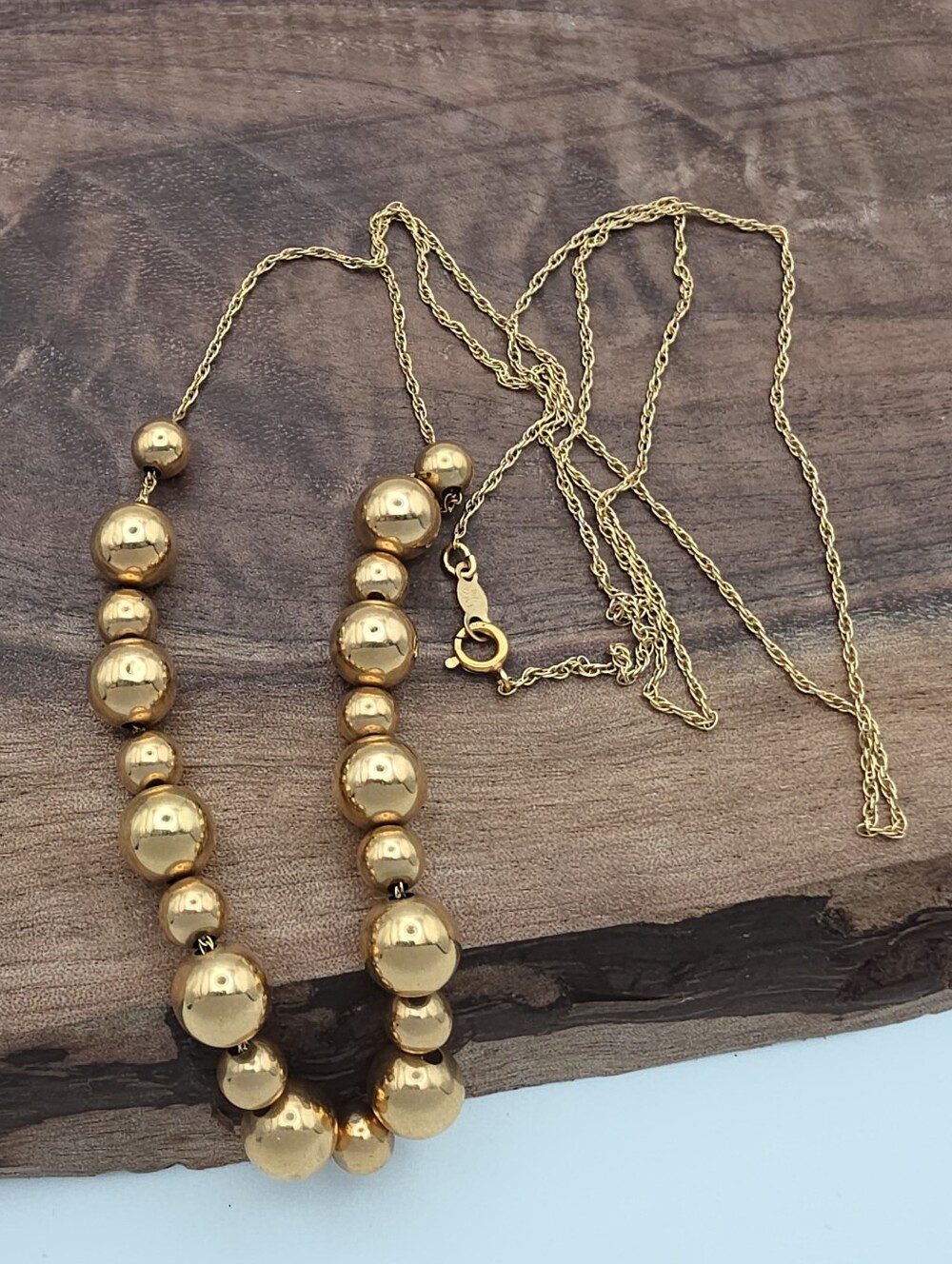 Vintage Solid 14k Yellow Gold Alternating Beaded 24" Ball Chain Necklace